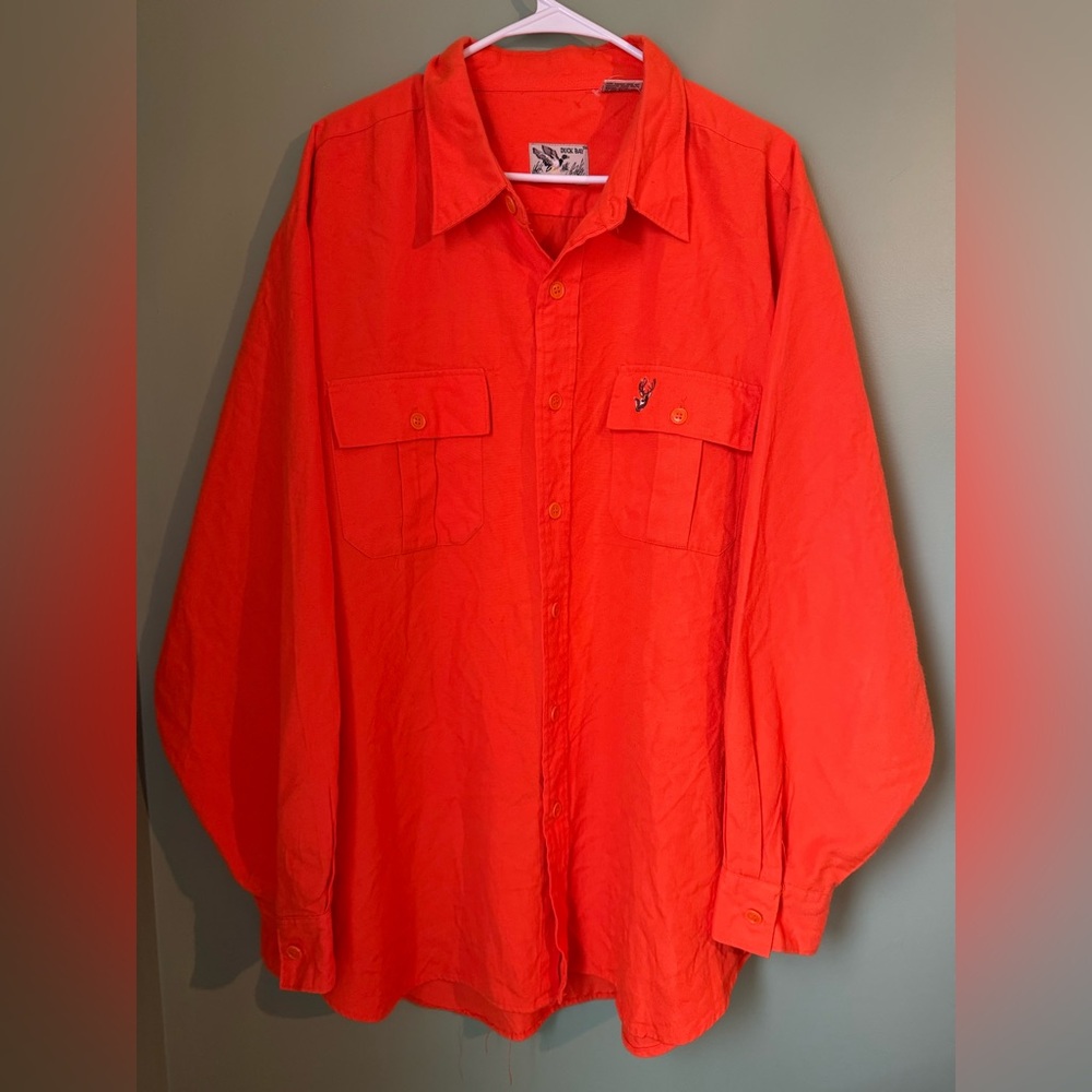 Vintage Duck Bay Flannel Orange Shirt XL Long Sleeve Pockets Embroidered Hunting